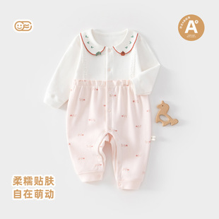 a类纯棉婴儿长袖娃娃领连体衣春秋薄款小月龄女宝宝爬爬服外出服