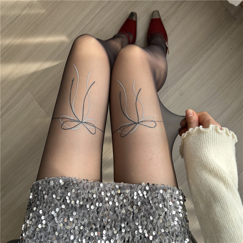 蝴蝶结纹身黑丝袜纯欲性感辣妹黑色连裤袜女春夏季超薄印花打底袜