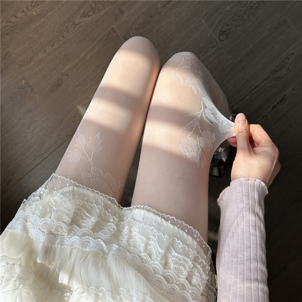 玫瑰花丝袜女春夏季薄款复古蕾丝提花连裤袜纯欲风性感黑丝打底袜