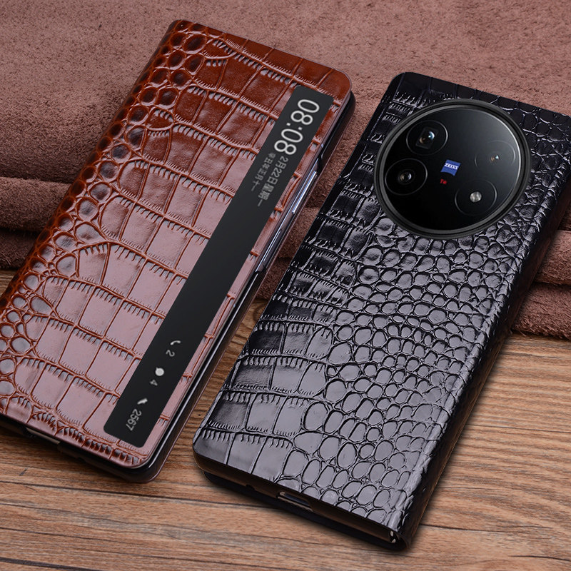 【官网同款】鳄鱼纹真皮适用于vivoxfold5手机壳xfold3pro折叠屏保护套头层牛皮智能视窗翻盖皮套全包防摔