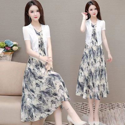 碎花连衣裙两件套2025夏季新款高贵夫人洋气妈妈雪纺短袖裙子优雅
