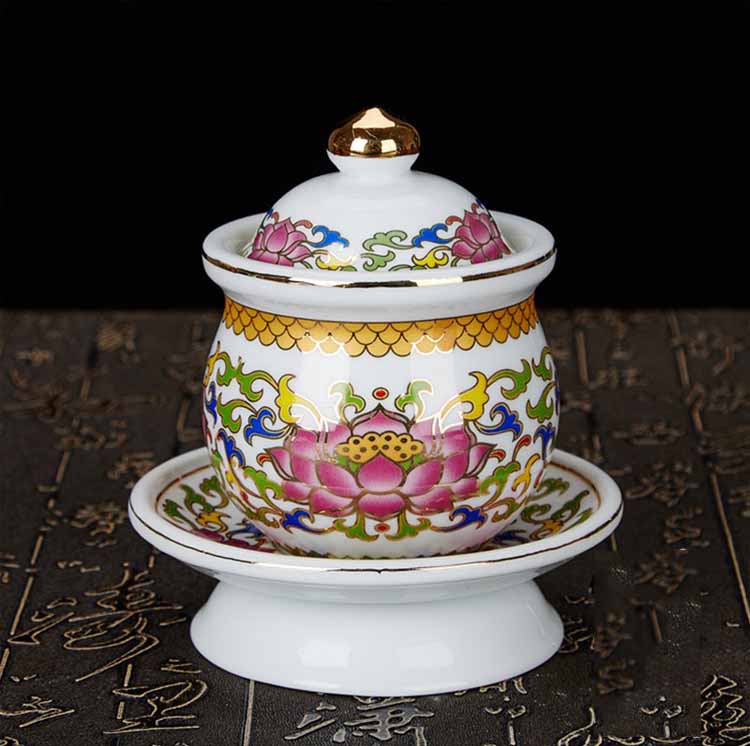 聚善缘佛堂用品 无字莲花供水杯陶瓷家用供佛礼佛大号净水杯带盖