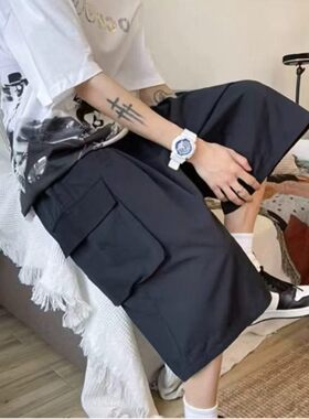 夏季新款工装运动速干中裤男士美式潮流拼接设计感百搭休闲七分裤