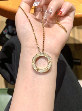 明星同款圆饼项链女18K金满钻大饼经典玫瑰金无钻三钻吊坠锁骨链