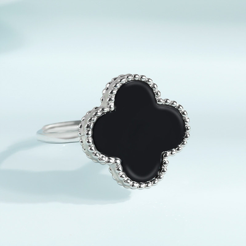 天然墨翠A货翡翠墨玉四叶草戒指925银镶嵌玉石时尚女款指环可调节