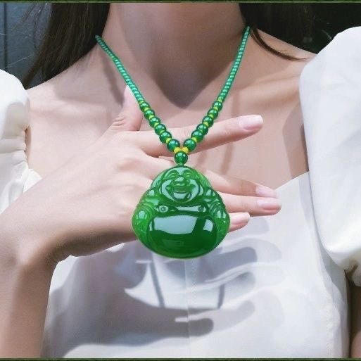 天然绿玉髓帝王绿大号弥勒佛项链大肚佛公挂件毛衣链时尚饰品玉佩