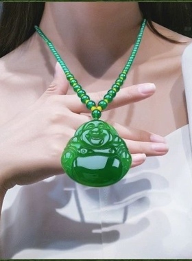天然绿玉髓帝王绿大号弥勒佛项链大肚佛公挂件毛衣链时尚饰品玉佩