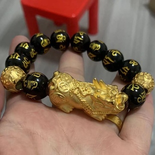 南非锡金招财大金色貔貅手串六字箴言金珠转运手链霸气男佛珠送礼