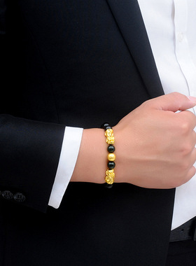 貔貅镀黄金黑玛瑙串珠路路通手链