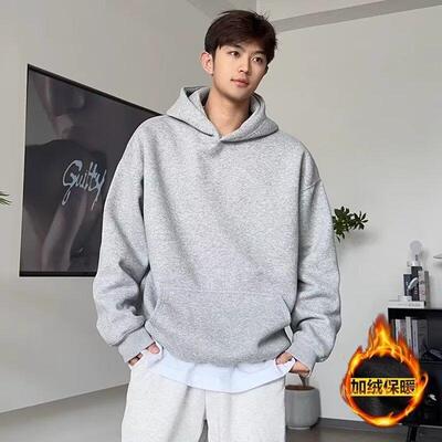 浅灰色重磅加绒硬挺连帽衫卫衣