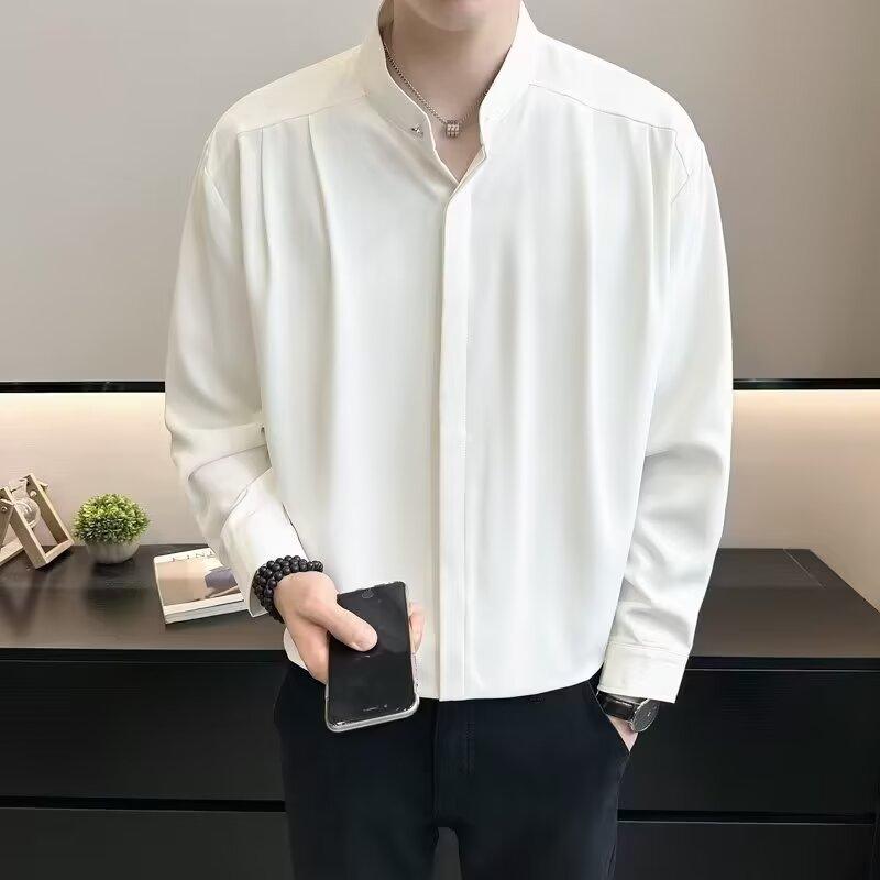 高端宽松褶皱设计潮流衬衫男士
