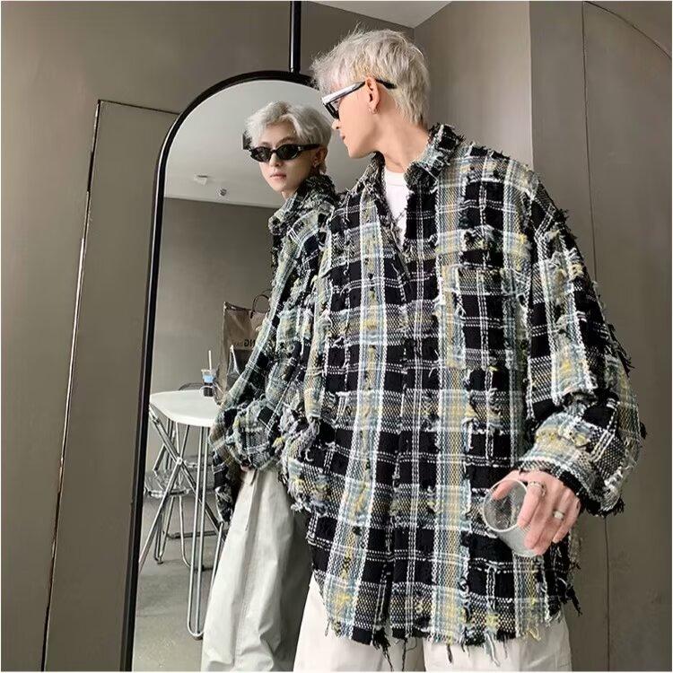 美式复古破洞格子长袖衬衫男女春秋季毛边设计宽松痞帅衬衣薄外套