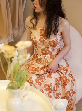 《橙染》水彩芍药原创插画师授权吊带连衣裙度假春夏高腰橙色碎花