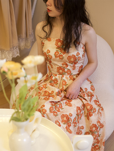 橙染 水彩芍藥原創(chuàng)插畫師授權吊帶連衣裙度假春夏高腰橙色碎花