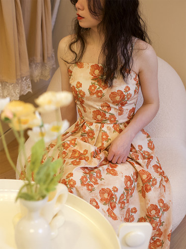联名款《橙染芍花》水彩吊带裙