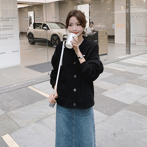 卫衣女春秋2023年新款韩版宽松慵懒风单排扣长袖黑色开衫外套上衣