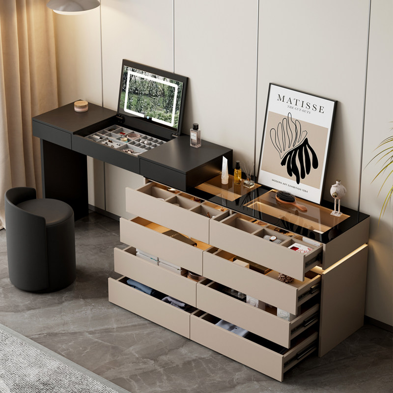 极简实木梳妆台语音控制玻璃斗柜梳妆台三色灯USB插排翻盖化妆桌