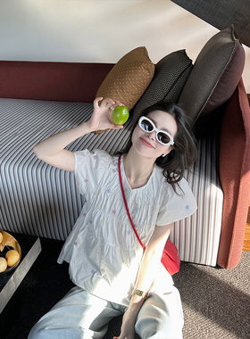 金苏一 彩色小花刺绣衬衫女2025夏季韩版小个子减龄白色短袖上衣