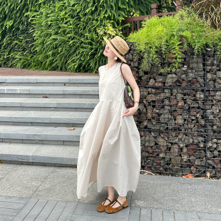 韩版 连衣裙2026夏季 宽松纯色背心长裙chic裙子 大裙摆无袖 金苏一