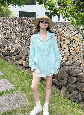金苏一 冰岛蓝亚麻衬衫女2026夏季韩版宽松长袖薄款防晒衫上衣潮