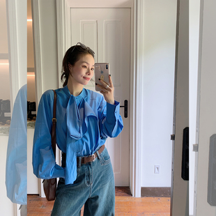 气质长袖 韩版 衬衣不规则飘带上衣 女2025秋季 金苏一天丝棉蓝色衬衫