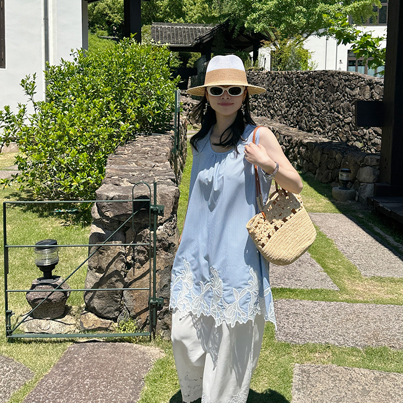 金苏一 蓝色条纹花边衬衫休闲裤两件套夏季韩版宽松气质上衣裤子
