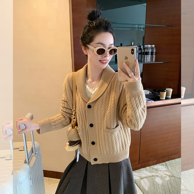 金苏一 100羊毛翻领麻花毛衣2026春秋韩版气质长袖针织衫开衫外套