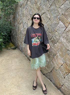 金苏一 美式汽车印花T恤女2026夏季韩版宽松圆领套装灰色短袖上衣