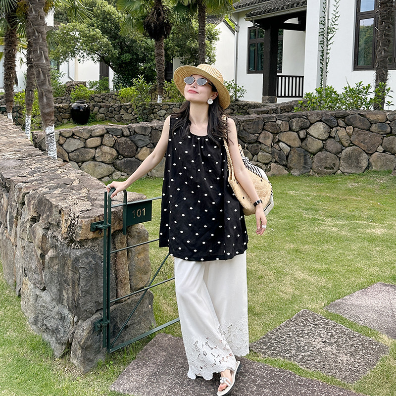 金苏一 黑白波点刺绣亚麻衬衫女2026夏季韩版宽松气质显瘦上衣潮