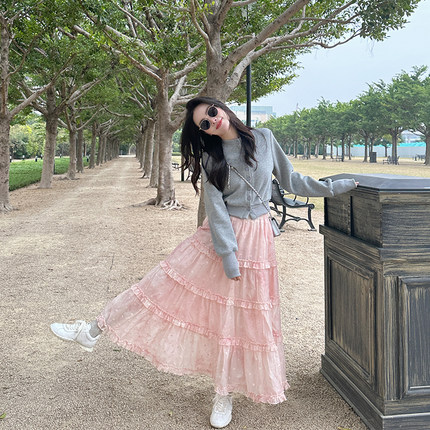 金苏一 粉色天丝波点半身裙2025春秋高腰显瘦晕染粉a字蛋糕裙伞裙