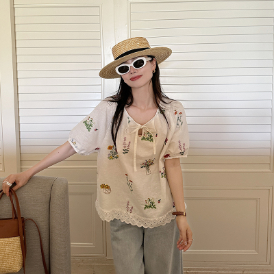 30亚麻刺绣白衬衫蕾丝上衣