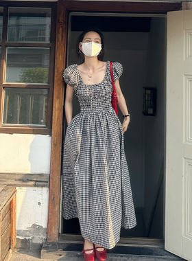 金苏一格子收腰连衣裙女2025夏季韩版小众肌理感气质长裙chic裙子