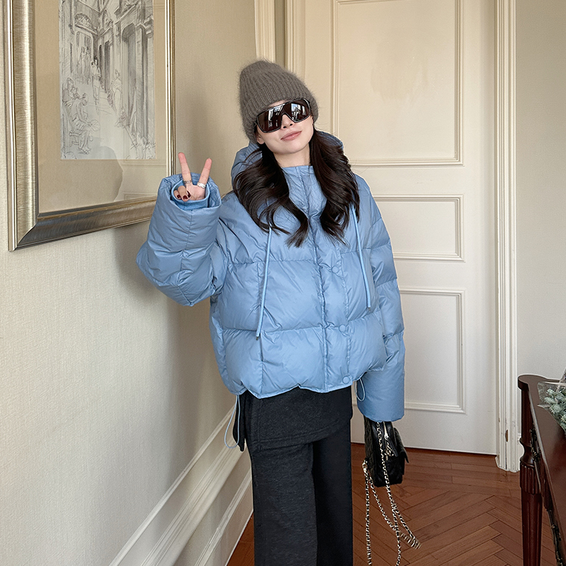 金苏一 蓝色羽绒服冬季韩版宽松90白鸭绒连帽面包服小个子上衣潮