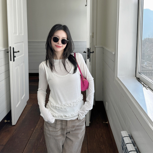 背心套装 金苏一 百搭白色上衣长袖 韩版 两件套木耳边T恤2026春季