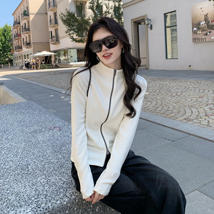 金苏一 白色立领磨毛拉链卫衣女2026秋冬韩版收腰长袖外套上衣潮