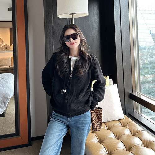 金苏一 黑色羊毛拉链针织开衫女2025秋冬韩版宽松长袖毛衣外套潮