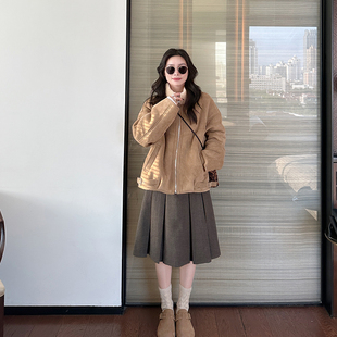 金苏一 100羊毛立领卡其色麂皮羊羔毛外套冬季加厚皮毛一体棉衣潮