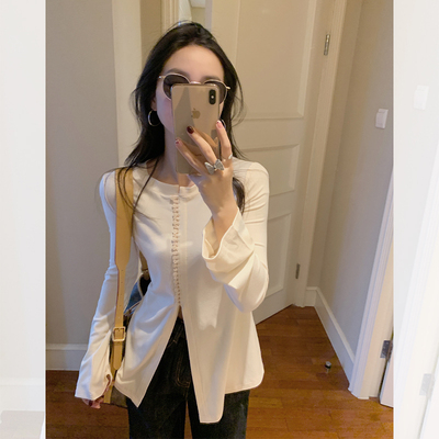 金苏一 单排扣收腰长袖T恤女2025春秋韩版收腰显瘦打底衫chic上衣