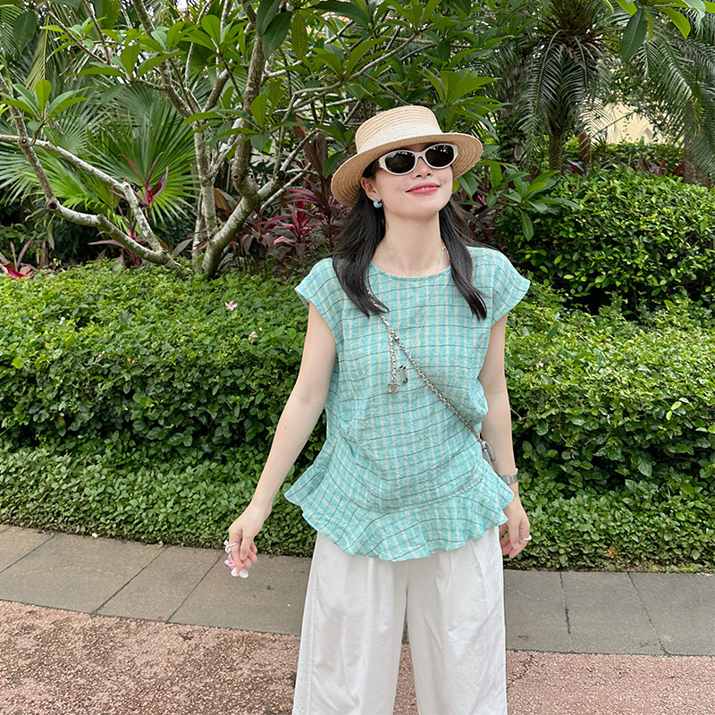 金苏一 蓝格子100亚麻衬衫女2026夏季韩版收腰显瘦短袖气质上衣潮
