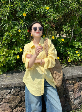 金苏一 黄色100亚麻衬衫女2026春秋韩版百搭薄款防晒衬衣chic上衣