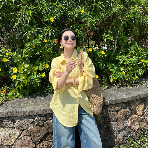 黄色100亚麻衬衫薄款防晒外套
