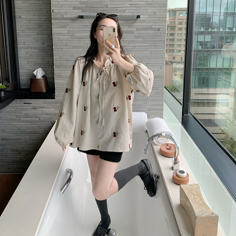 樱桃刺绣亚麻长袖衬衫图片