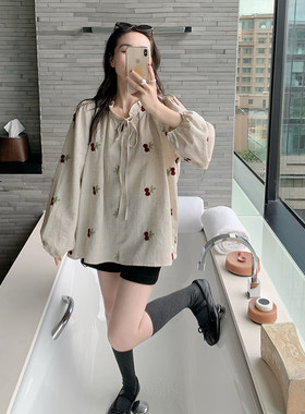 樱桃刺绣亚麻长袖衬衫