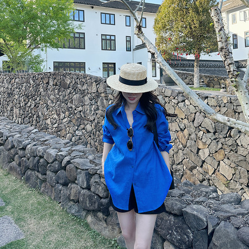 夏季克莱因蓝苎麻衬衫