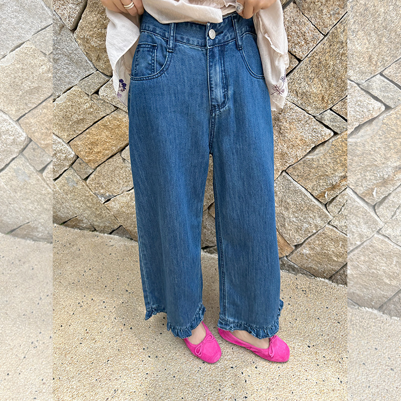 金苏一 莱赛尔薄款木耳边九分裤女2026夏季韩版高腰小个子牛仔裤