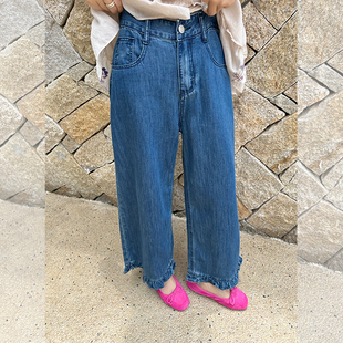 金苏一 莱赛尔薄款木耳边九分裤女2026夏季韩版高腰小个子牛仔裤