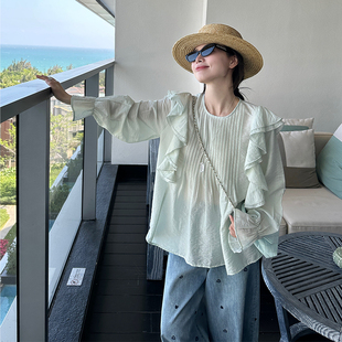 长袖 金苏一 宽松遮肉薄款 2026春夏韩版 防晒上衣潮 水绿色打揽衬衫