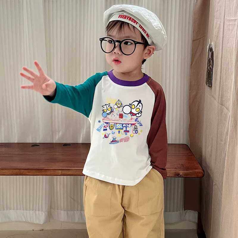 儿童100%纯棉长袖T恤2024秋新款男女童韩版拼色插肩袖打底衫圆领T