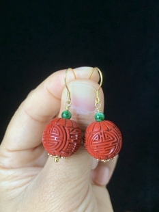 创汇期纯手工雕刻老货雕漆寿字珠耳环,纯手工雕漆大漆耳环