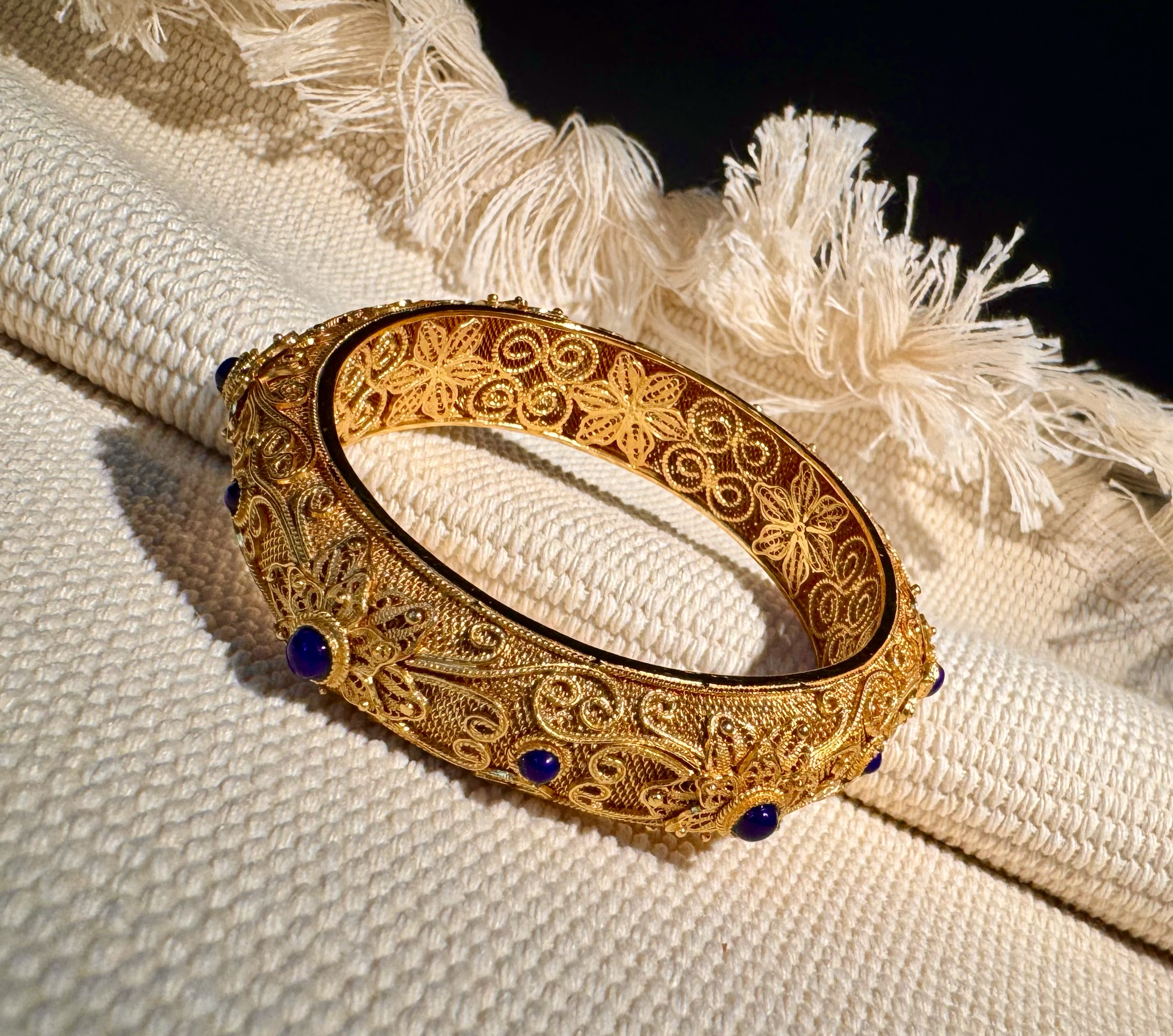 银花丝鎏金镶嵌原矿青金石手镯、景泰蓝手镯 925银鎏金 圈口:57